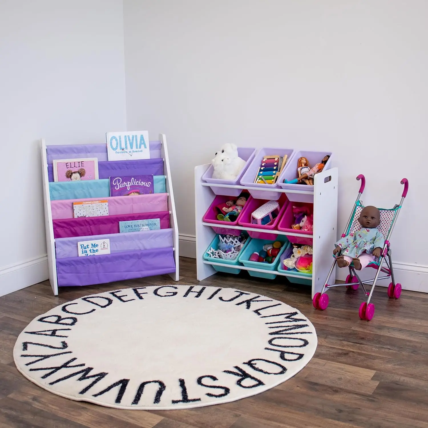 منظم رف كتب للأطفال مكون من 6 طبقات مع جيوب قماشية، شاشة أمامية لكتب الأطفال باللون الأبيض/الوردي/الأرجواني/أكوا #6