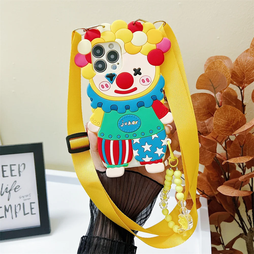 Funny Vibrant Circus Clown Bead Chain Phone Case for S26 Ultra Crossbody Strap 3D Silicone Cover for SamSung Galaxy S25 S24 A57