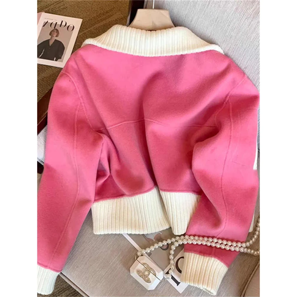 Femmes rose recadrée laine pardessus à manches longues vêtements d'extérieur Vintage Harajuku coréen lâche Baseball veste manteau 2000s vêtements hiver