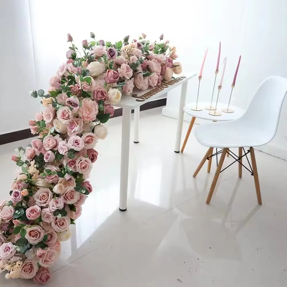 

Rose Flower Eucalyptus Leaf Arrangement Wedding Backdrop Flower Row Wedding Centerpiece Table Runner Decoration