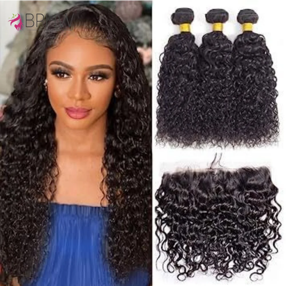 

Пучки человеческих волос с волной воды и застежкой, прозрачные 4x4 застежки 13X4, фронтальное плетение человеческих волос, 3 пучка волос Remy, волосы BPHW