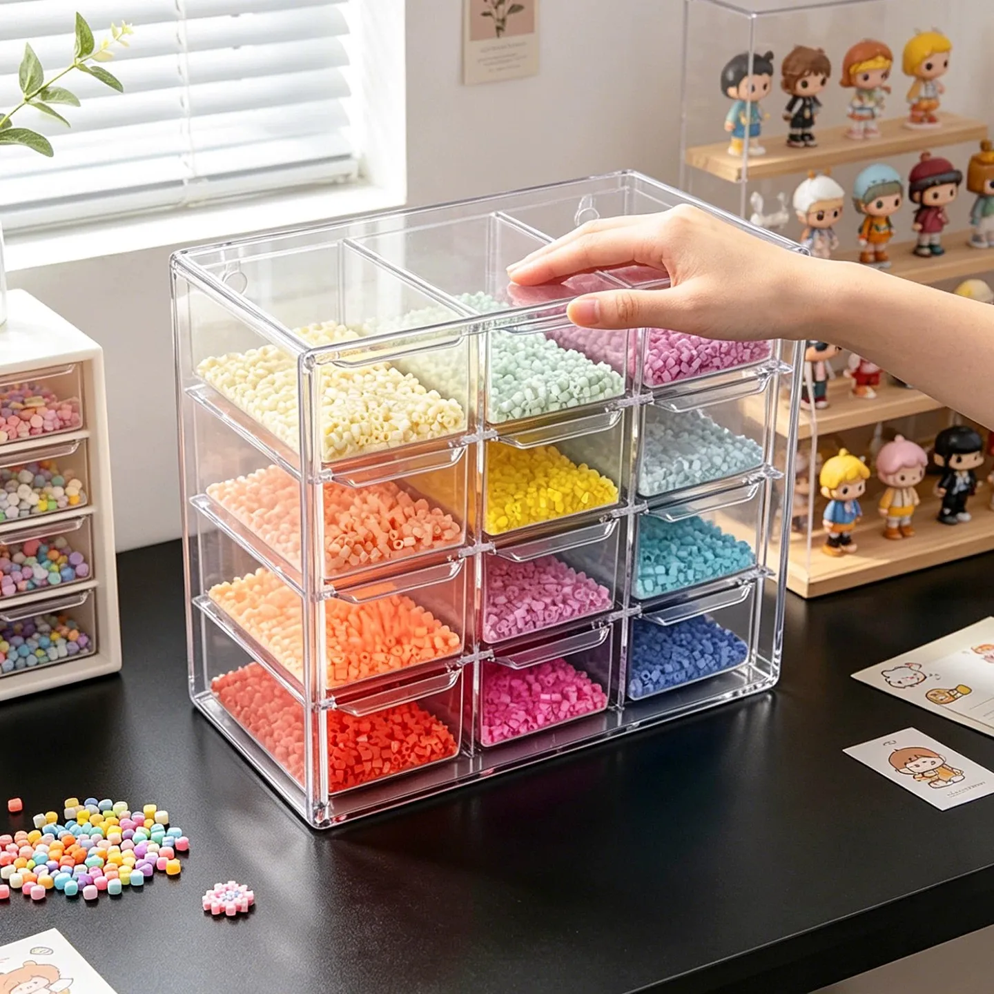 Transparent Bead Storage Box 12-Compartment Drawer Style Desktop Large Capacity Layered Organizer Craft Material Storage Rack
