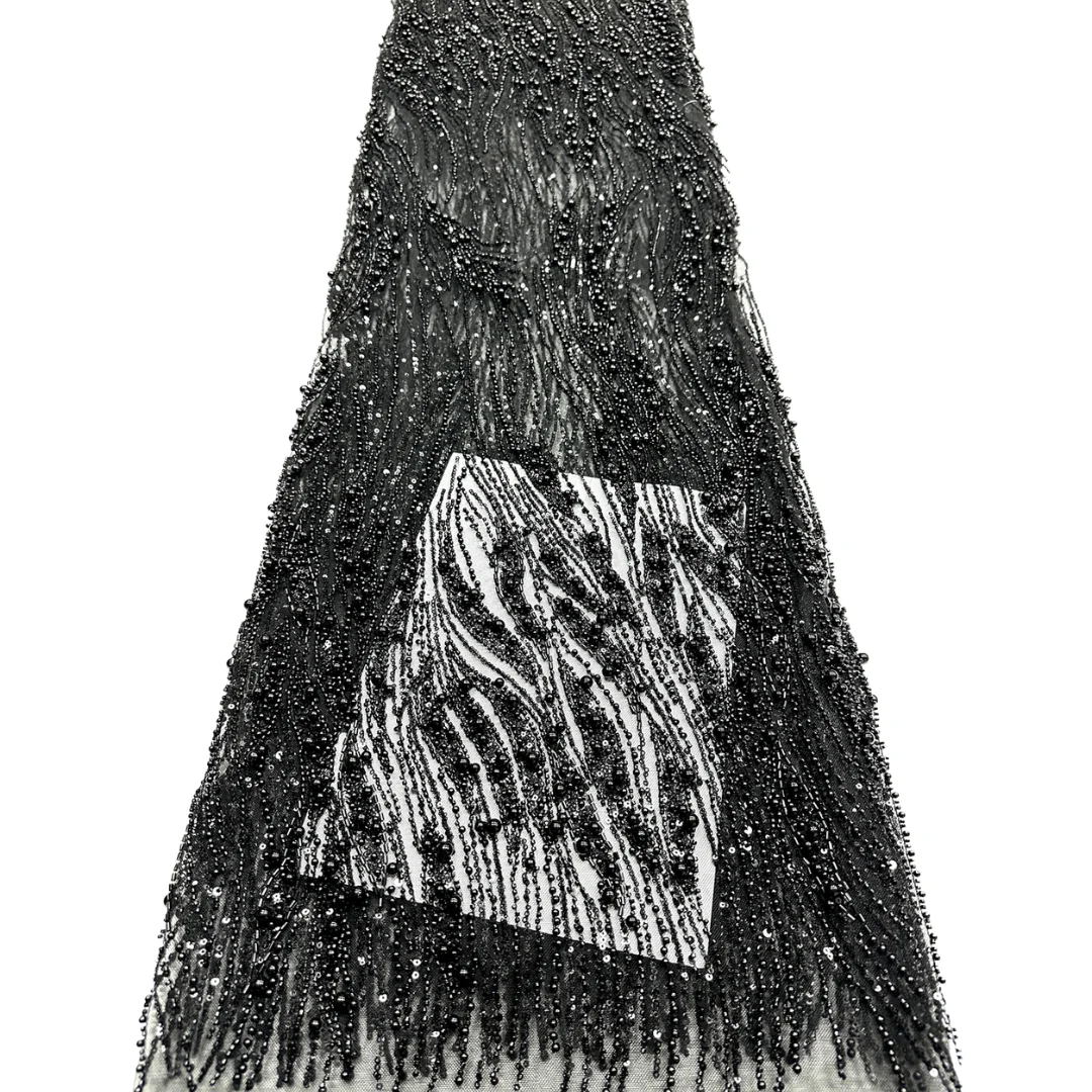 New Arrival Tassel Beaded High-End Nigerian Sequined Tulle Net Mesh Lace Fabric For Luxury Evening Party Dress Embroidered