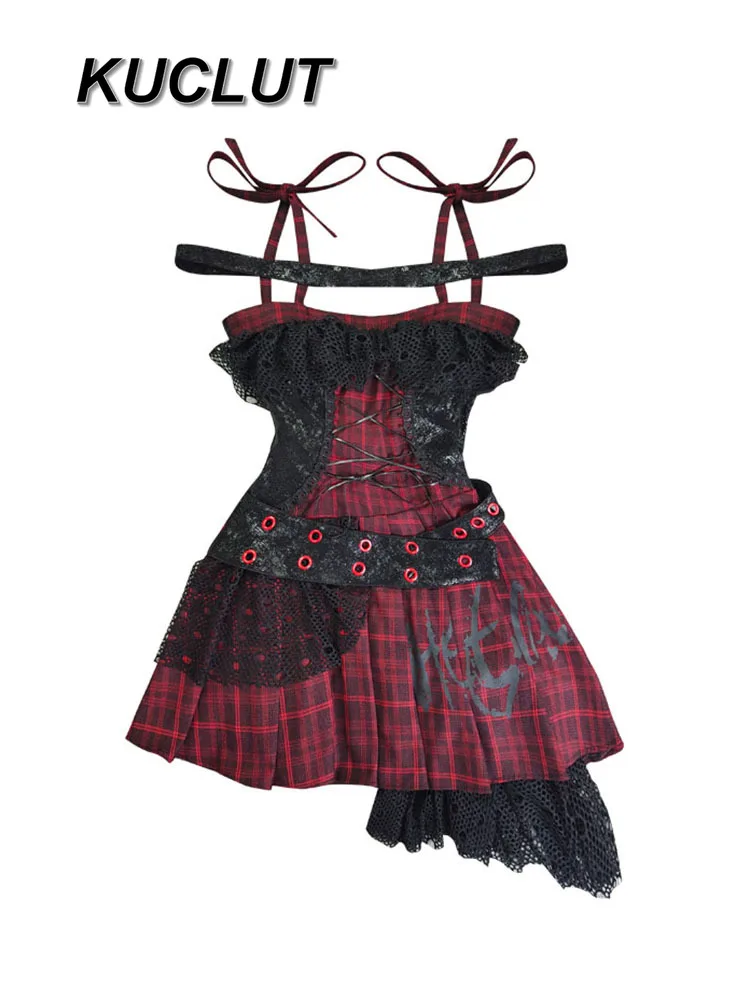 2025 New Summer Ladies Y2k Dress Vintage Casual Elegant Punk Style Suspender Red and Black Plaid Women's Short Dresses