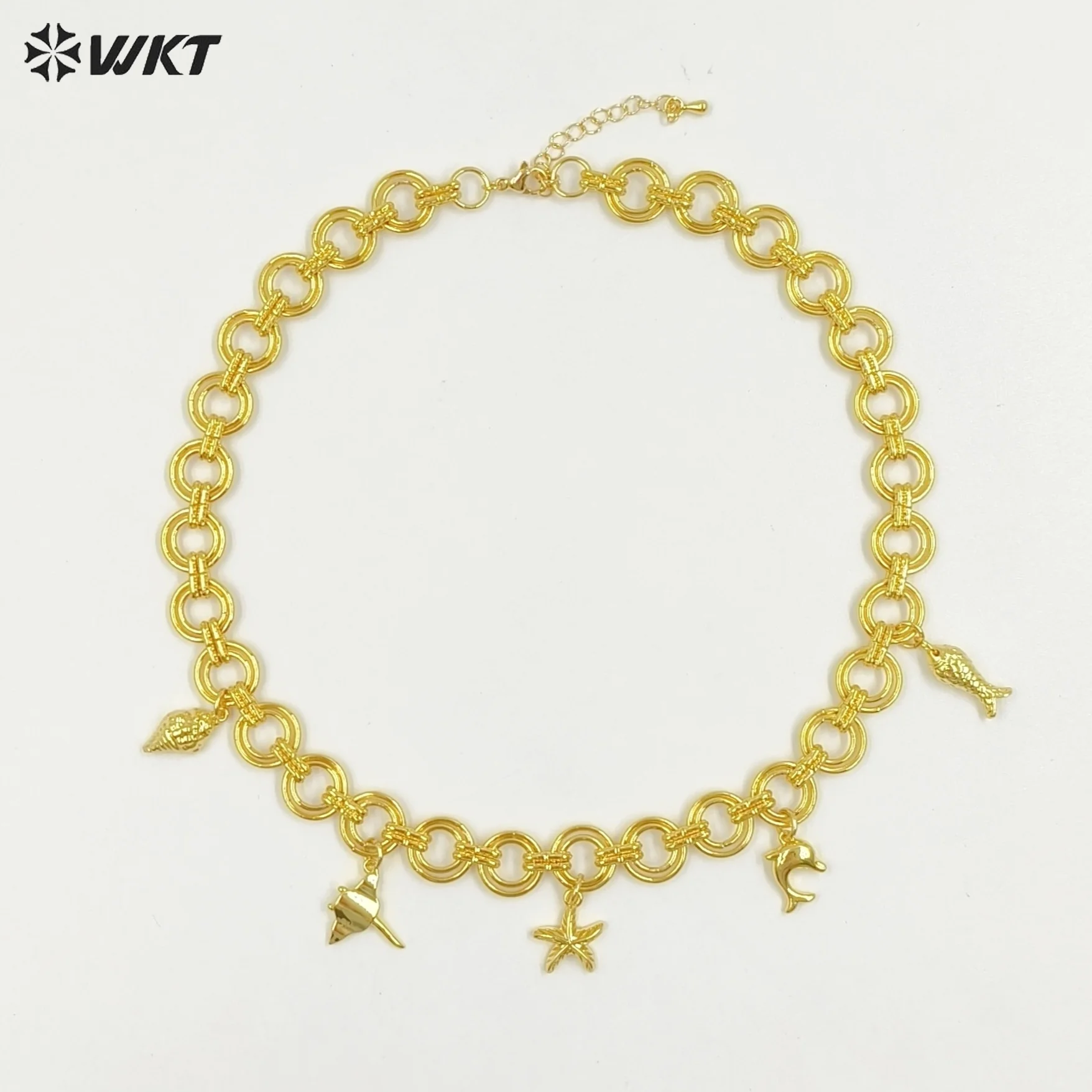 WT-JFN46 Fine Smooth And Textured Large O-Shaped Chain With Starfish Dolphin Charms Yellow Brass Necklace Lovely Gifts