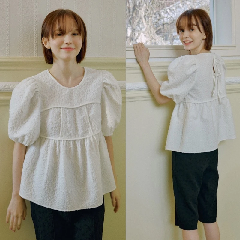 MICOAT Summer 25 Round Ne Bubble Sve Texture irt เสื้อผ้าผู้หญิงหวาน Sle ort Sve Casual Faion Top