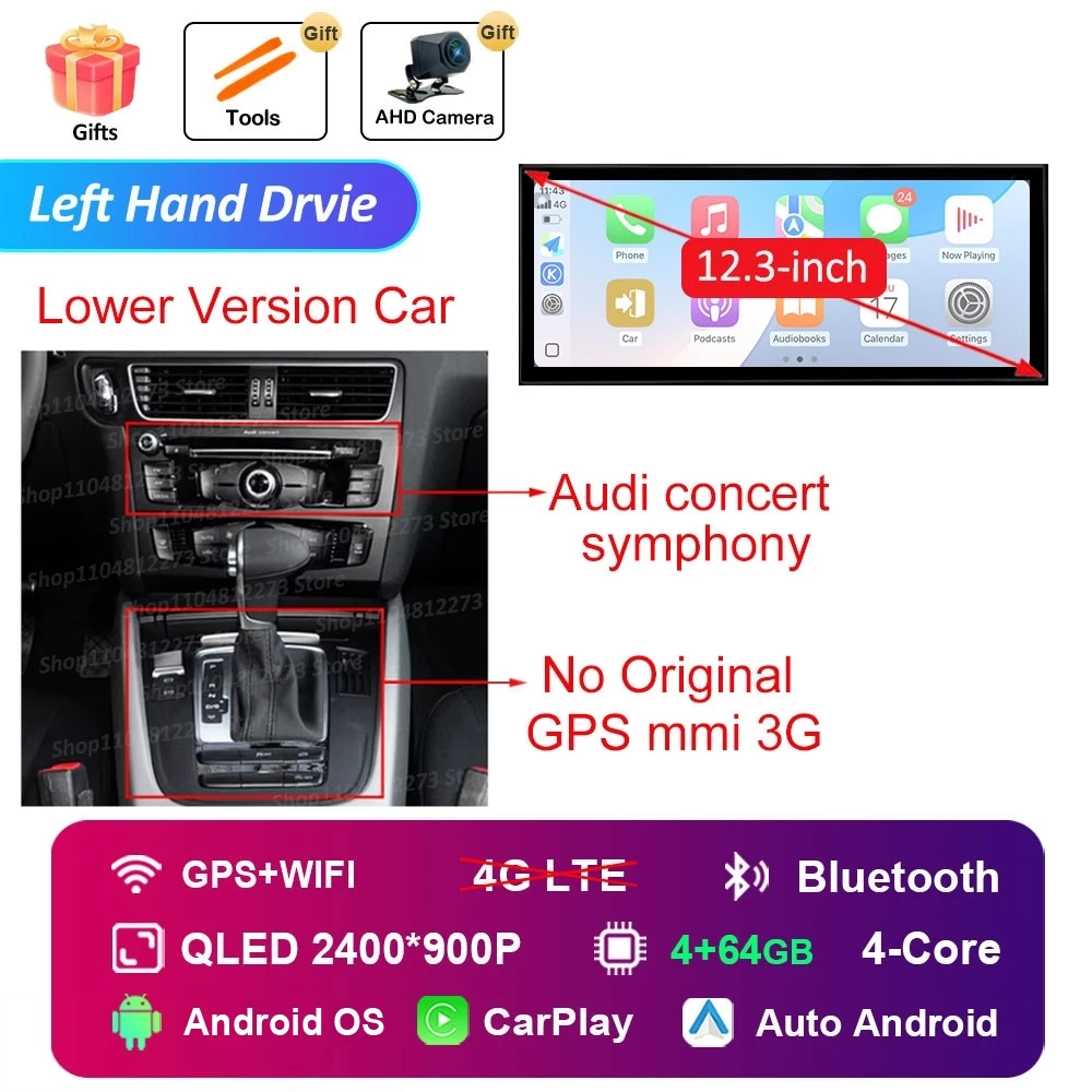 Linkerhand Drvie voor Audi A4 B8 A5 2009-2016 Autoradio Videospeler Android 16 Carplay Navigatie GPS 4G HD Touchscreen