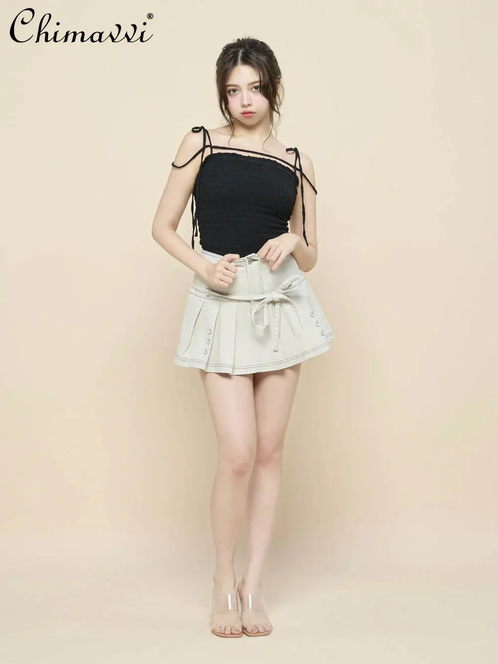 

2026 Summer Clothes New Japanese Style Fashion Ruched Cami Top Short Tie-up Slim Fit Y2k Girl's Camisole Tanks Top