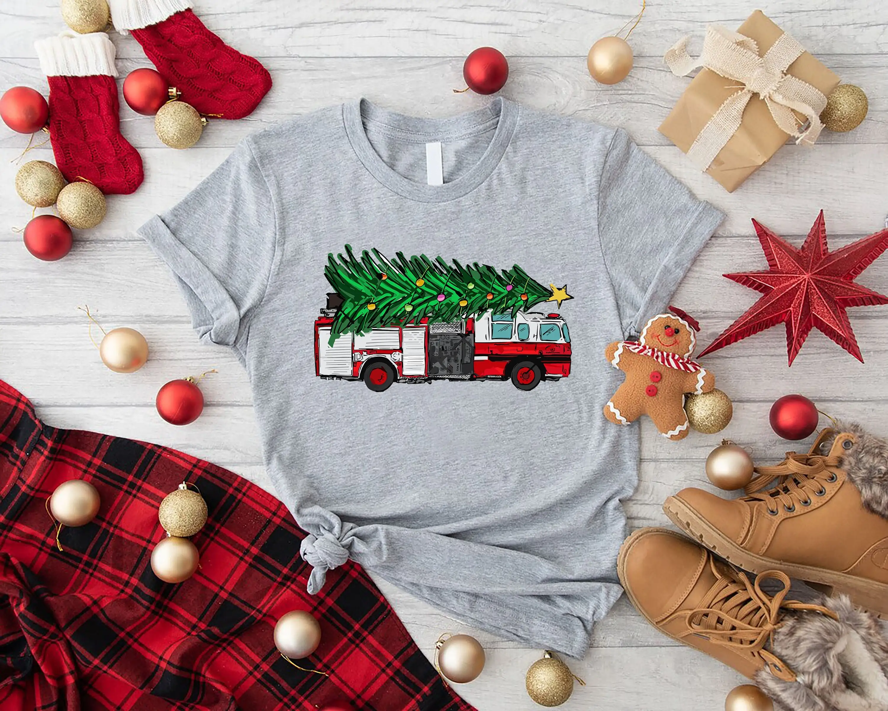 Fire Truck Christmas T Shirt Farm Fresh Firefighter Tree on