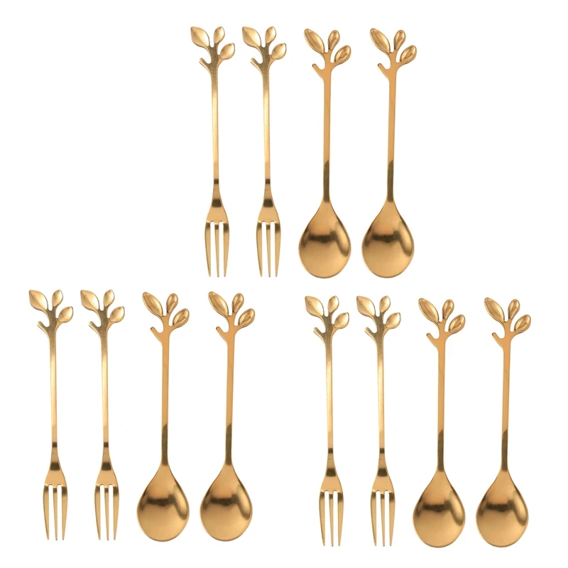 Tableware Gold Leaf Coffee Spoon Fork,12 Pack(6 Spoons 6 Forks) 4.7 Inches Tea Spoon Set