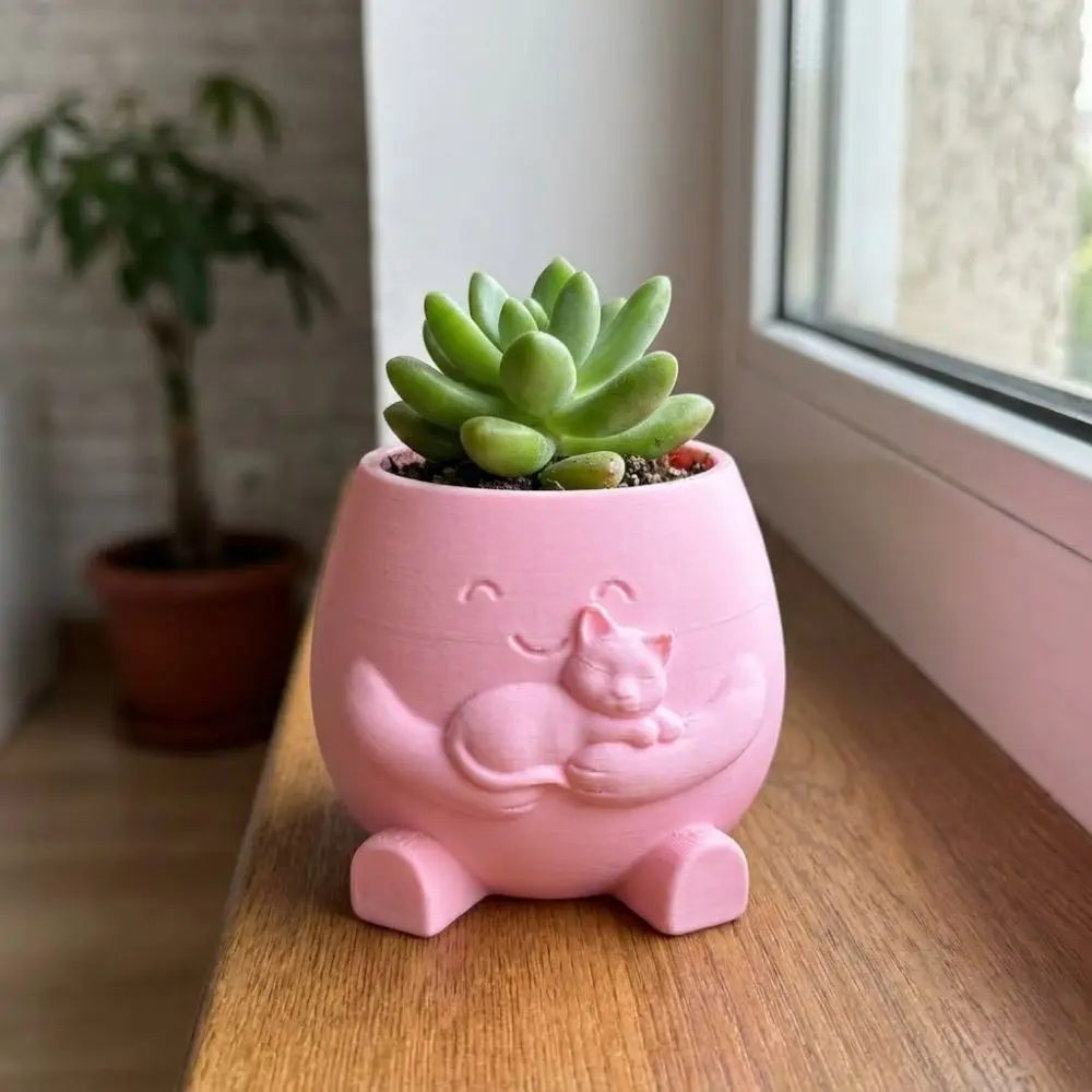 3D Printed Hugging Cat Succulent Planter Pot Cartoon Novelty Face Succulent Planter Plastic Happy Expression