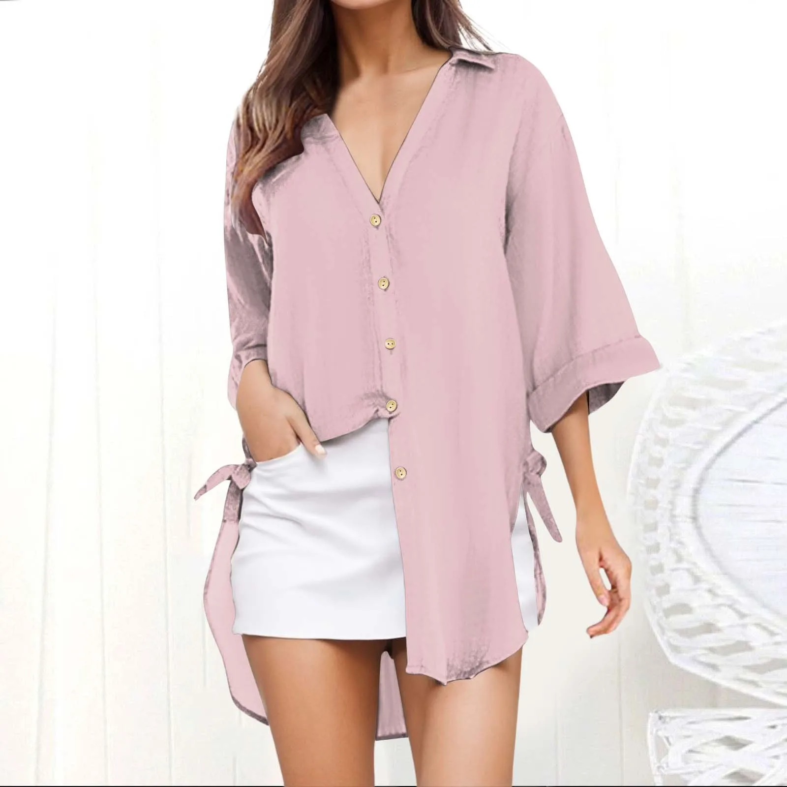 Women\'s Blouse Cotton Shirt Summer Solid V Neck Loose Casual Tops Casual Cover-ups Fashion Long Sleeves Tunics Female Clothing