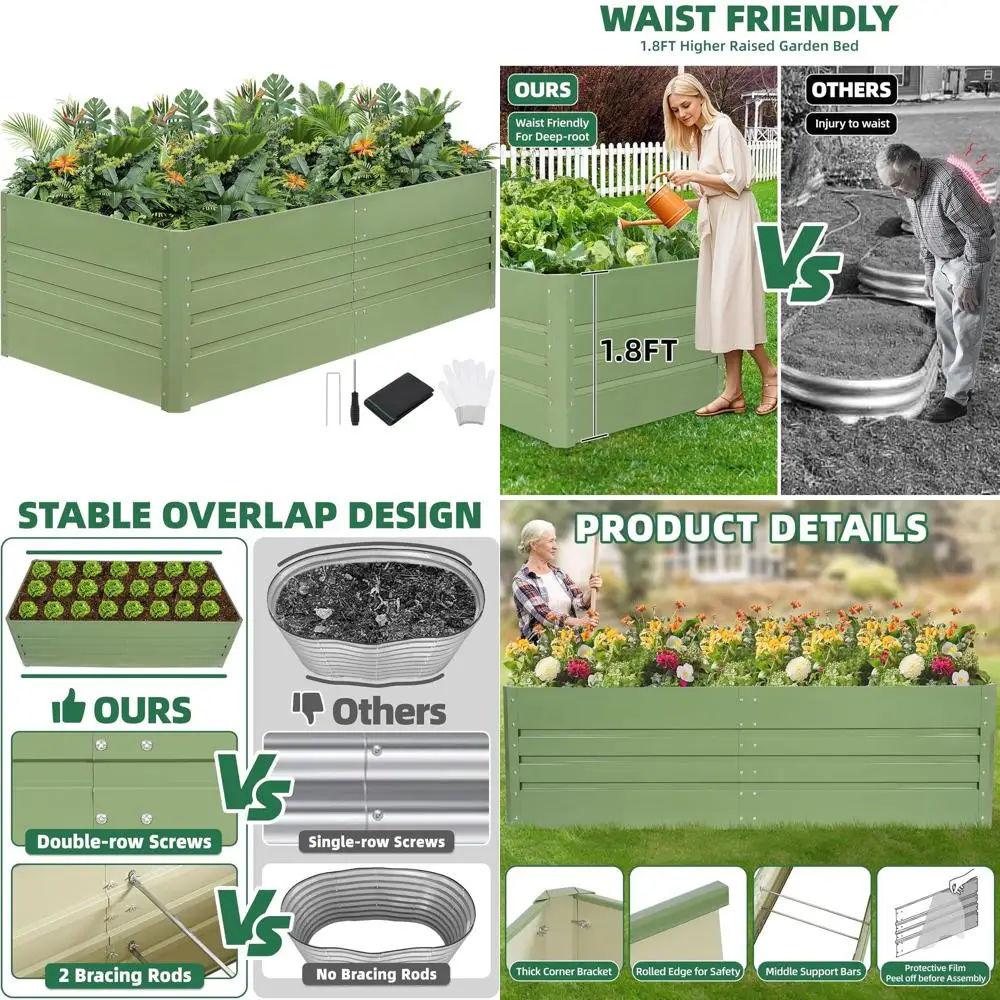 

6x3x1.8ft Outdoor Metal Raised Garden Bed with Weed Barrier - Deep Root Planter for Vegetables, Flowers, Herbs, Fruits (Olive Gr