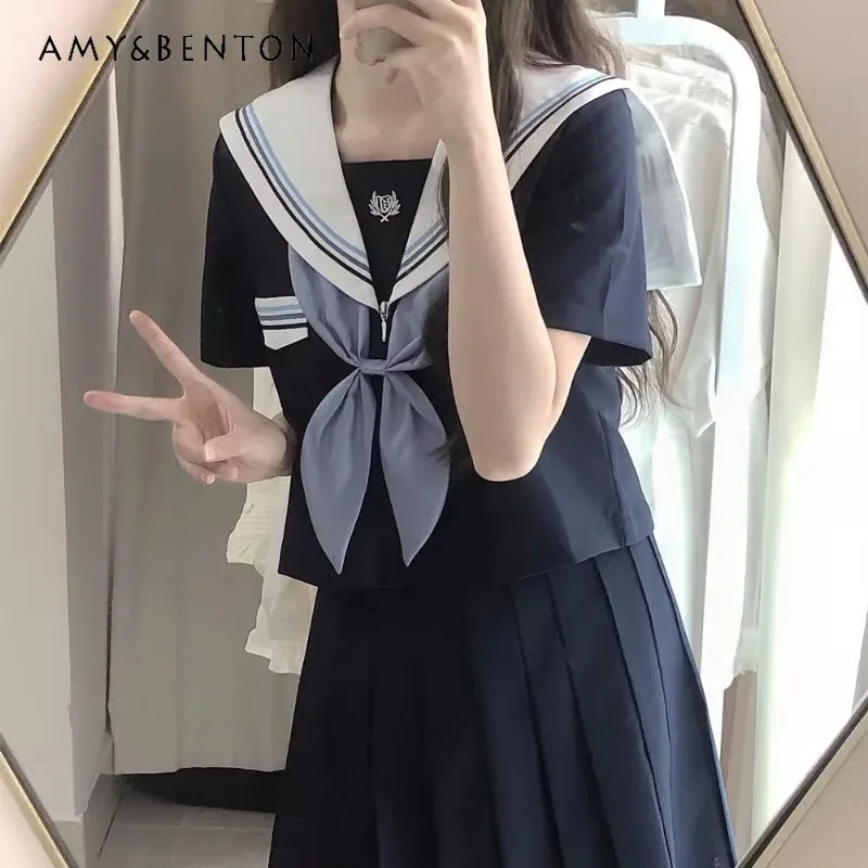 2024 Japanese JK Uniform Skirt Sailor Suit Long Short Sleeved Preppy Style Dark Blue Lolita Summer And Autumn Daily Wear Female