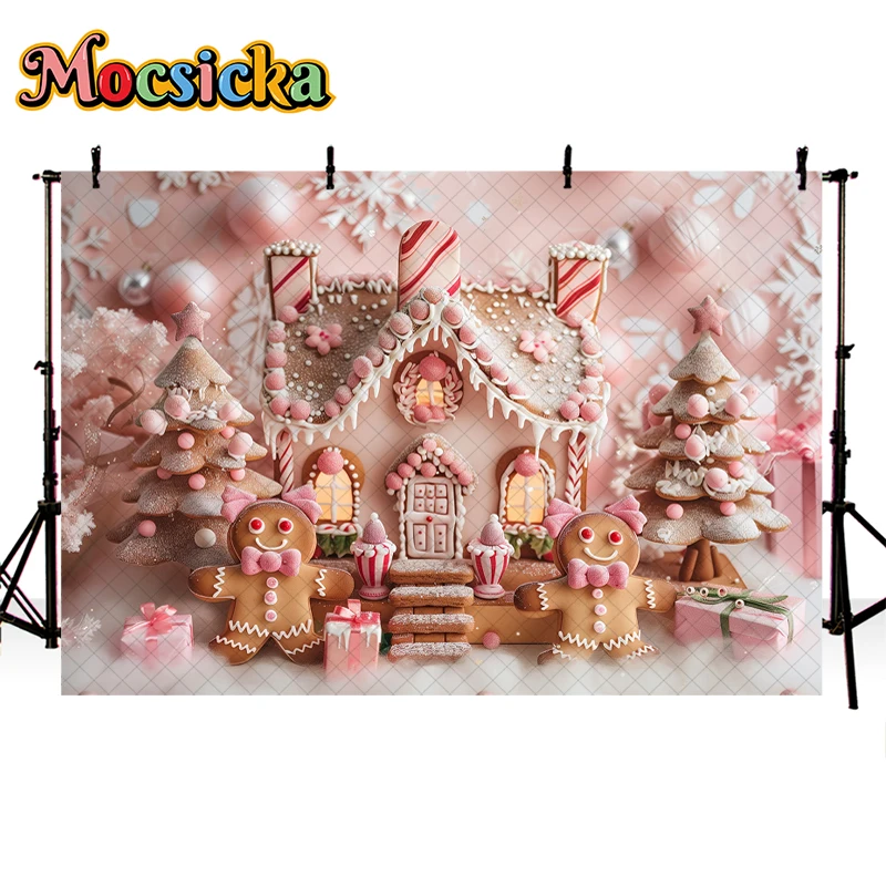 Mocsicka Pink Peppermint Gingerbread House Backdrops Kids Adult Photogrpahy Child Baby Photo Props Winter Christmas Background