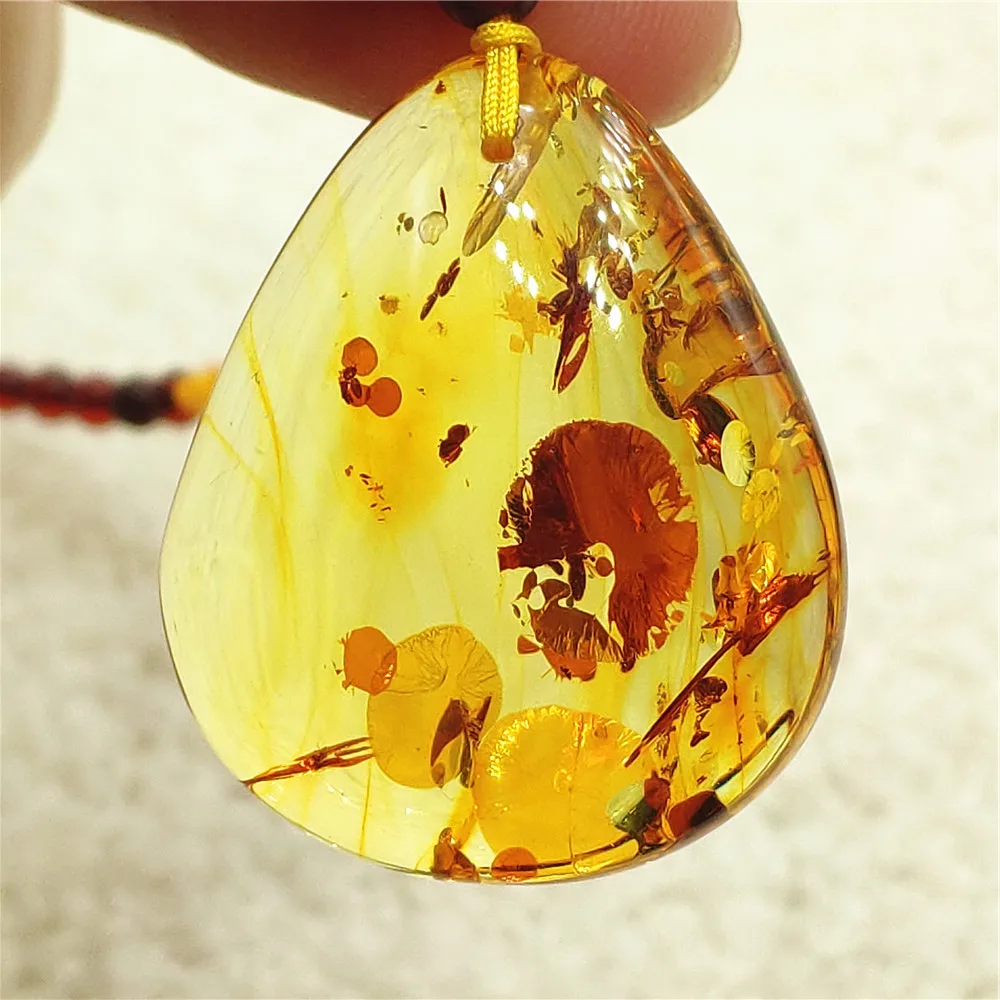 Natural Yellow Piebald Amber Water Drop Pendant Flower Yellow Amber Women Men 33x27x13mm Jewelry Reiki Stone Burma AAAAAAA