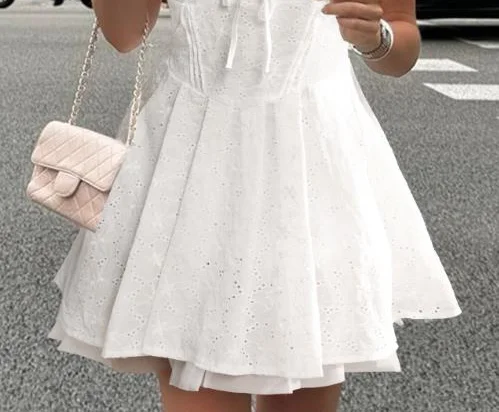 

Womens Dresses 2026 New Spring Summer Solid Color Eyelet Embroidery V-Neck Short Sleeve Casual A-Line Daily Mini Dress