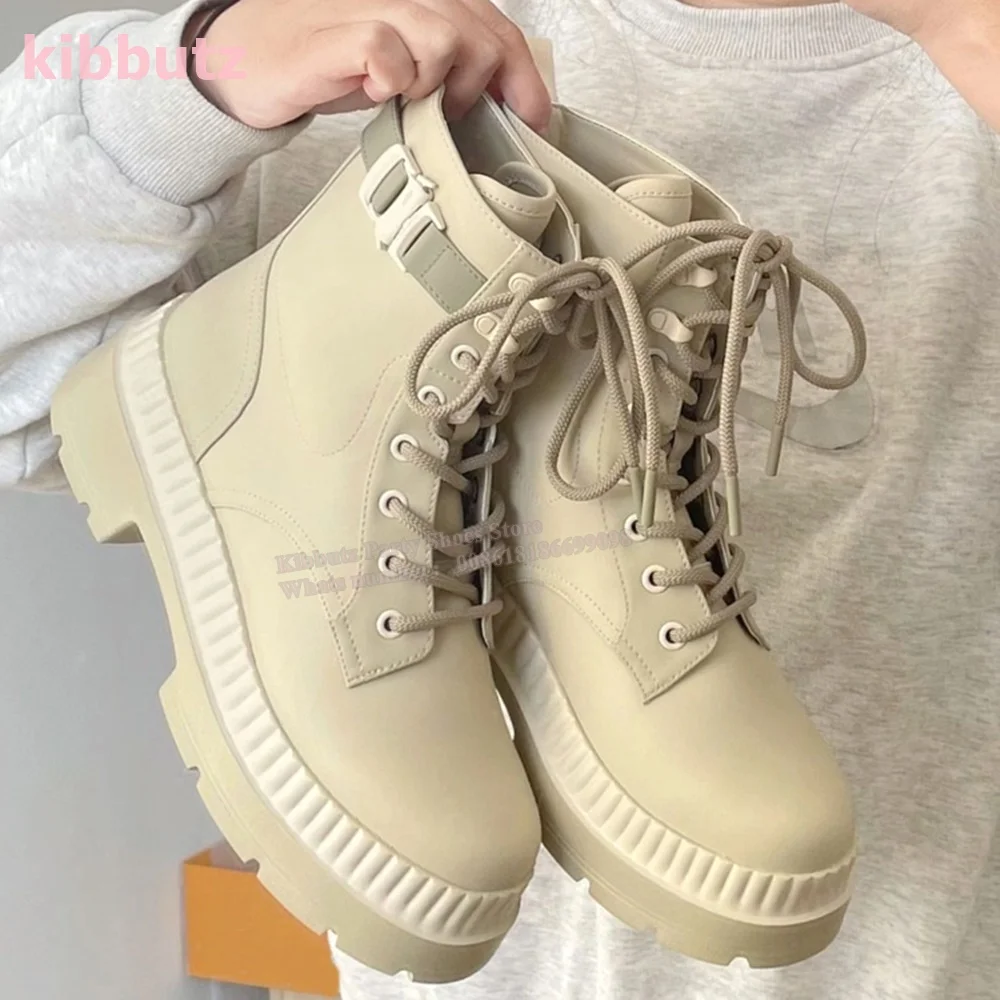 Outdoor Hiking Rain Ankle Boots Thick Sole Non-Slip Waterproof Belt Buckle Lace-Up Round Toe Fashion Concise Women Shoes Newest