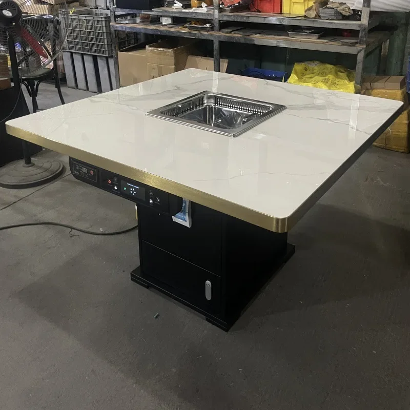 hot pot table Four-flavor hot pot grilling and rinsing integrated dual-purpose barbecue table Commercial rock slab dining table