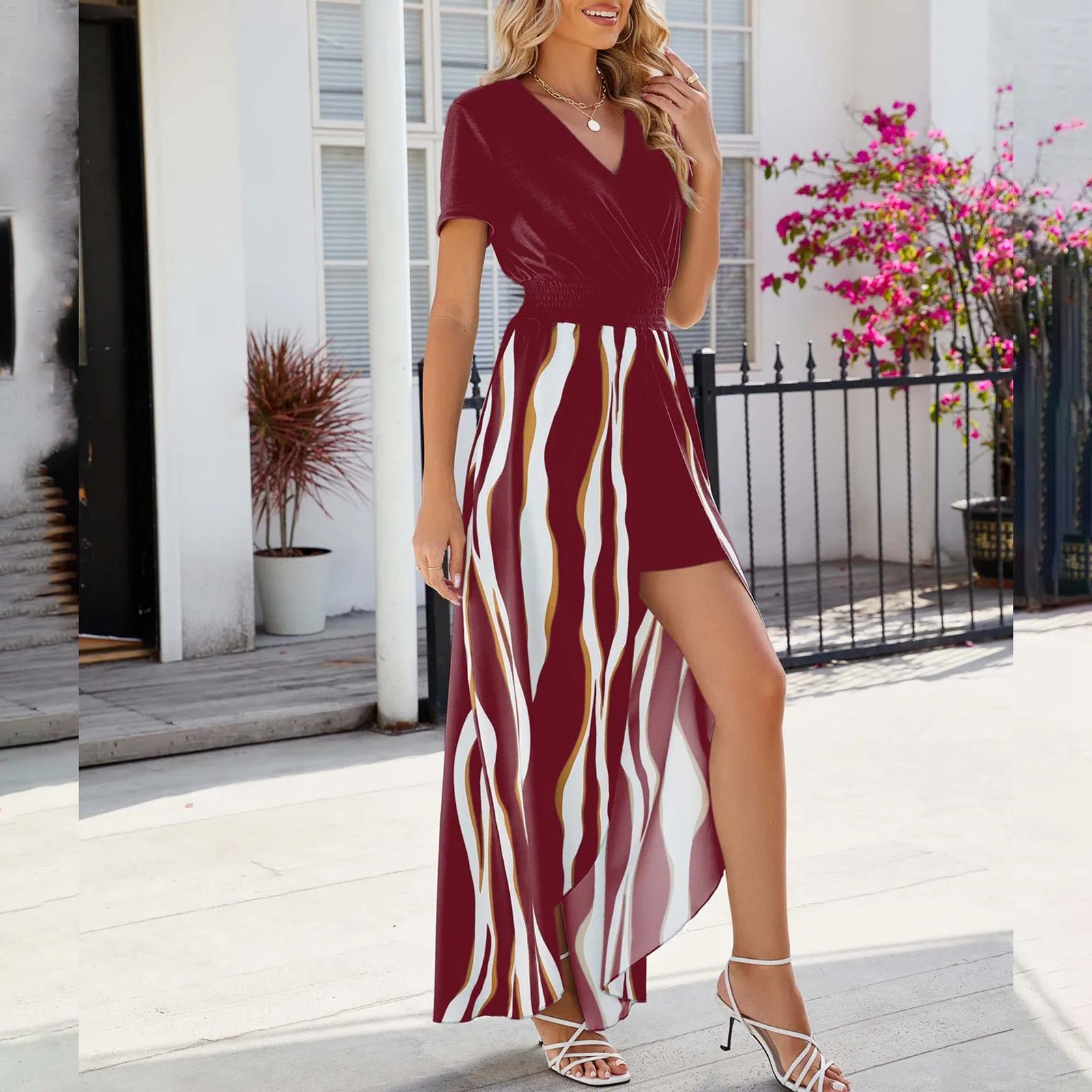 

Women'S Summer V Neck Print Short Sleeved Trouser Dress Casual Dress elegant sexy summer holiday beach long sundress 2024