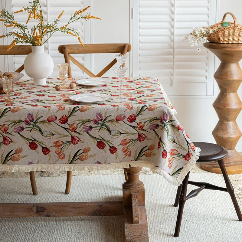 Oil Painting Polyester Embroidered Tablecloth – Floral Mix of Small Scattered Flowers & Large Statement Blooms, Rectangular