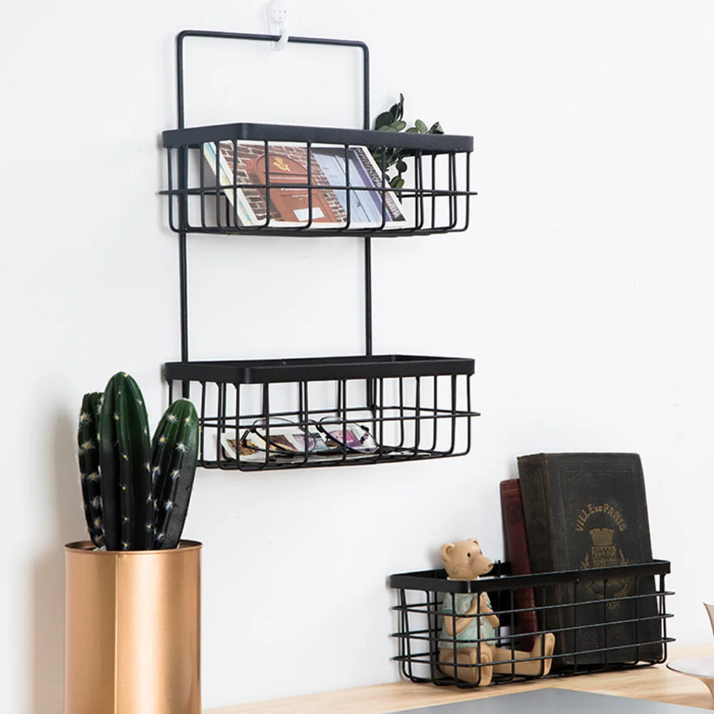

2PCS Double Layer Storage Basket Iron Mounted Home ganizer Kitchen Bathroom Living Room Balcony Office Wall Hanging