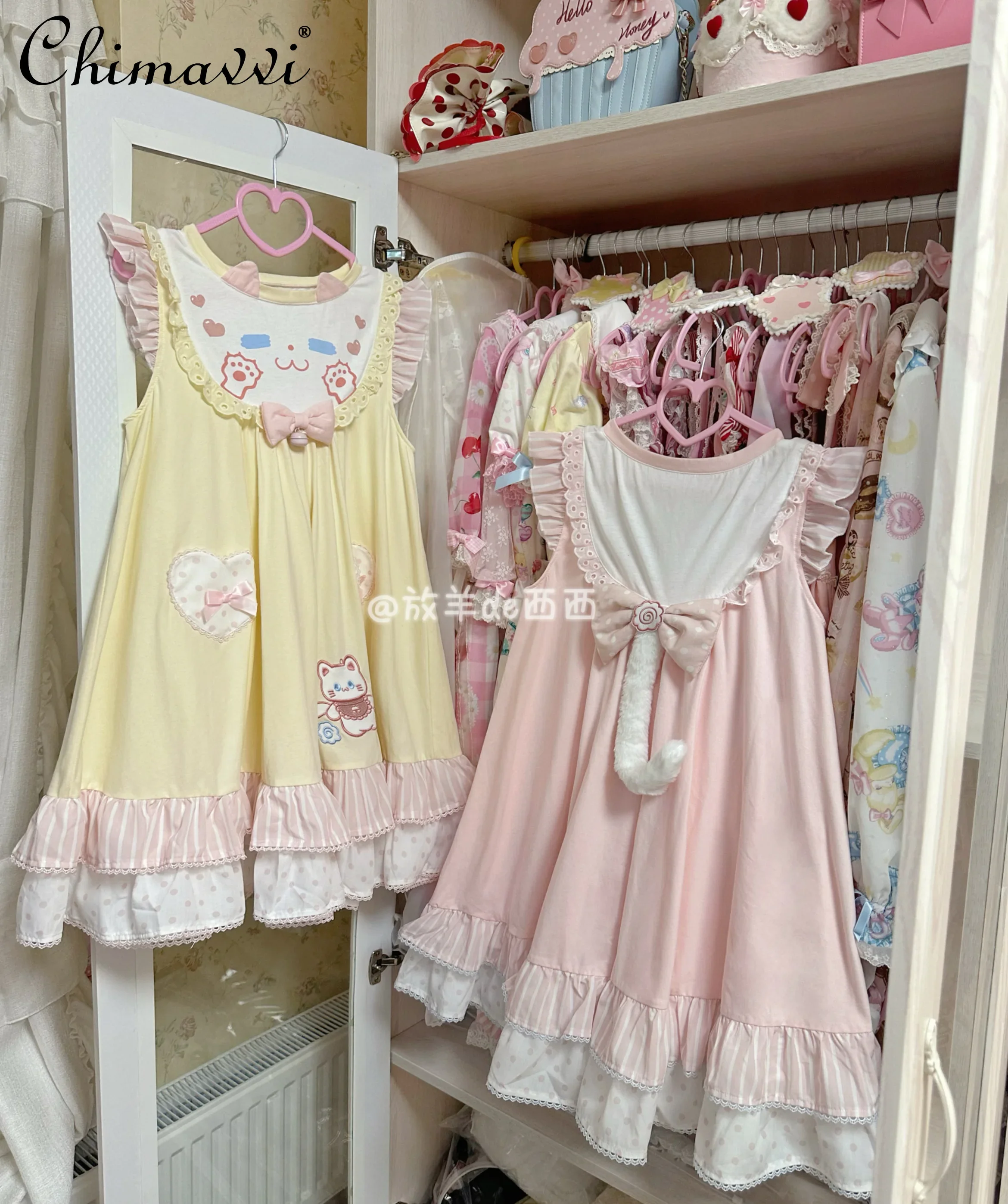 Original Sweet Cotton Small Flying Sleeves Loose A-line Dress Spring Summer New Fashion Round Neck Student Girl Kawaii Dresses