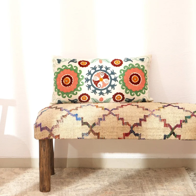 

Decorative Suzani Embroidered Multicolor Lumbar Throw Pillow-26X14