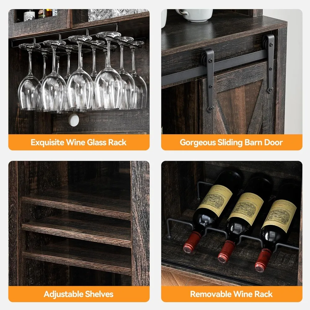 Bauernhaus-Kaffee-Barschrank mit Schiebetüren, 70'' Küchenschrank mit Stauraum, Wein- und Brillenregal, hohes Sideboard