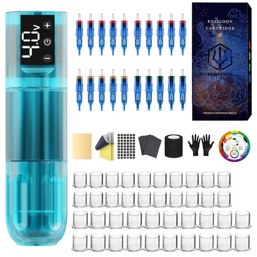 Imagen 2 del producto Kit de tatuaje POSEIDON, nuevo Kit de pluma de tatuaje azul para maquillaje permanente, Kit de máquina de tatuaje transparente, fuente de alimentación para tatuaje, Kit de tatuaje