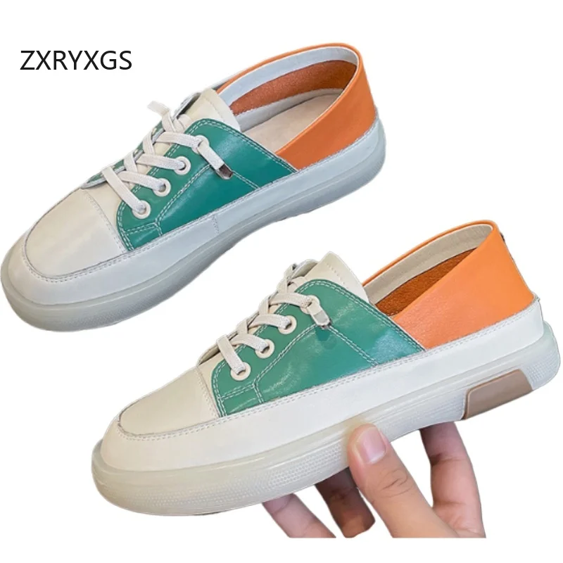 ZXRYXGS 2025 New Color Blocking Splicing Genuine Leather Sneakers Casual Shoes Flat Soft Sole Trendy Shoes Women's Travel Shoes