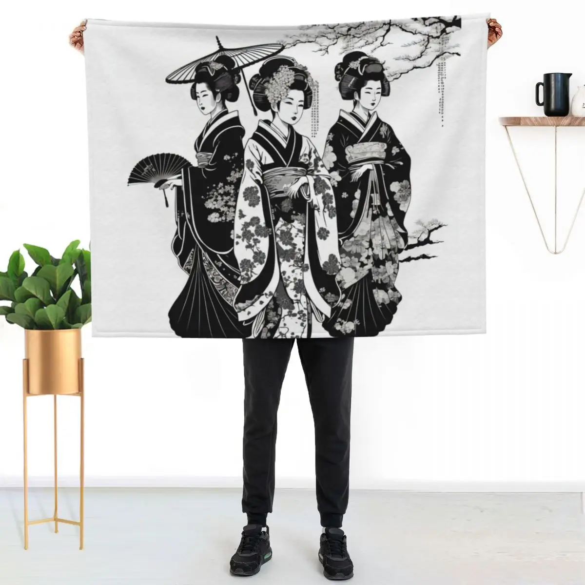 Beautiful Geisha in Black and White Throw Blanket Heavy Luxury St Polar Plaid halloween Blankets