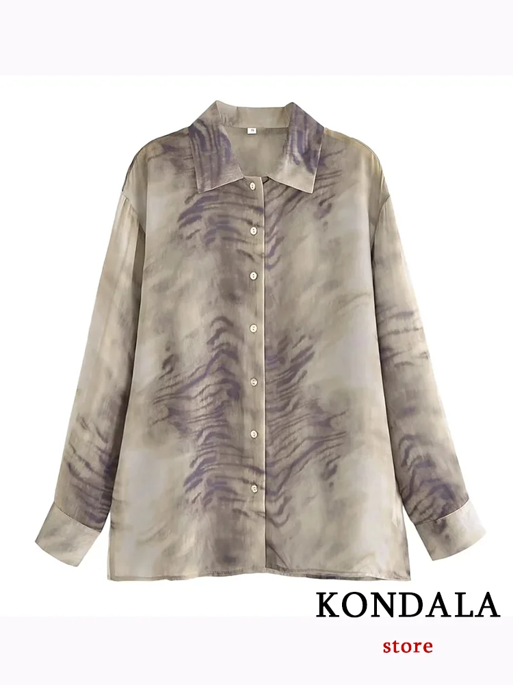 KONDALA Vintage Casual Print Women Blouse Tiger Pattern Turn-down Collar Single Breasted Loose Blouse Fashion 2023 Autumn Shirts