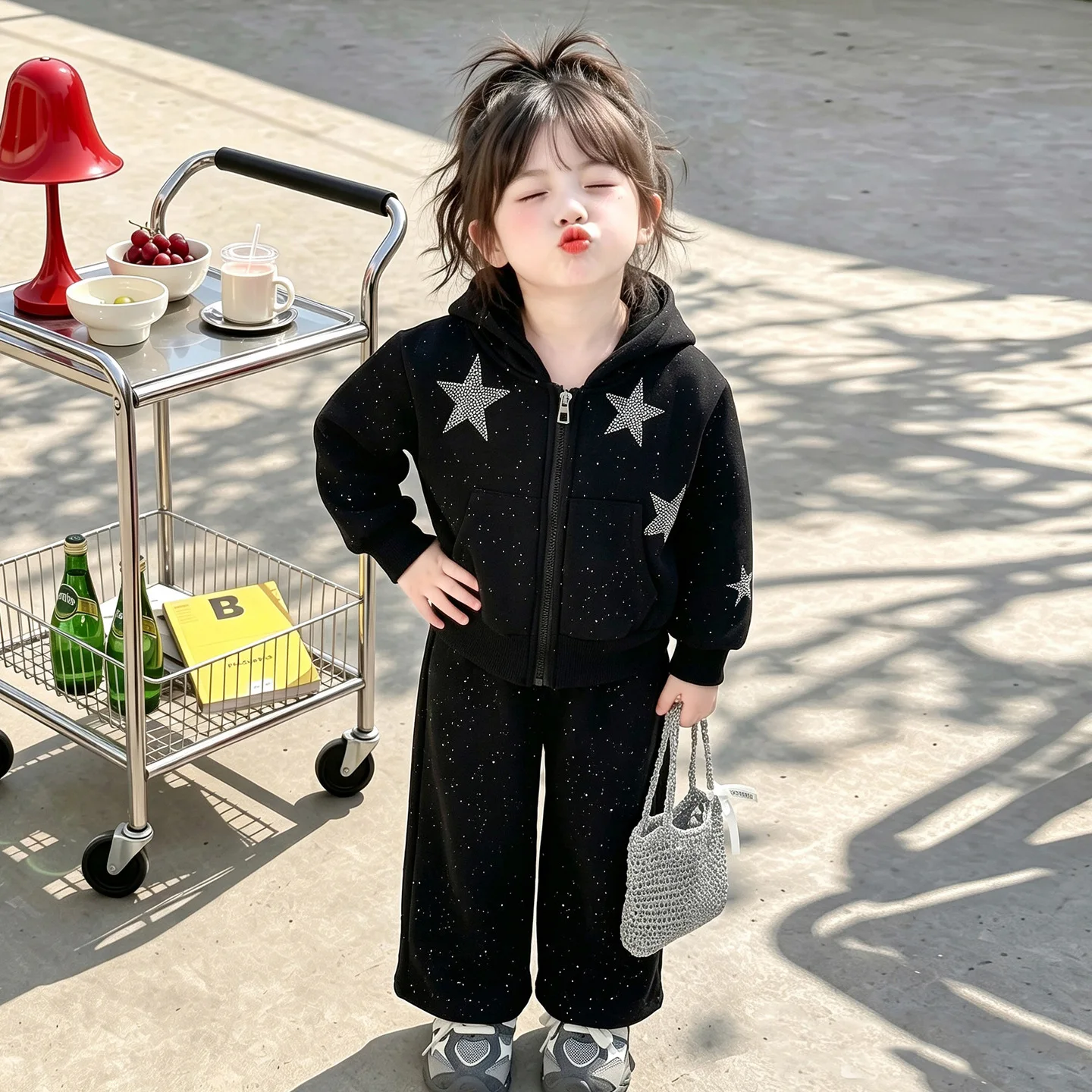 Autumn Baby Girl Sport Clothes Suit Shining Hooded Zipper Hoodie+Straight-leg pants 2pcs Junior Kid Sportswear Set Child Outfits