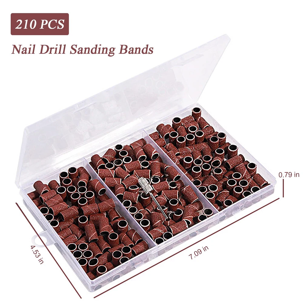 210pcs/Box Sanding Cap Bands #80#120#180 Grit Nail Drill Grinding Bit Files Pedicure Tool Set for Grit Gel Nail Polish Removal