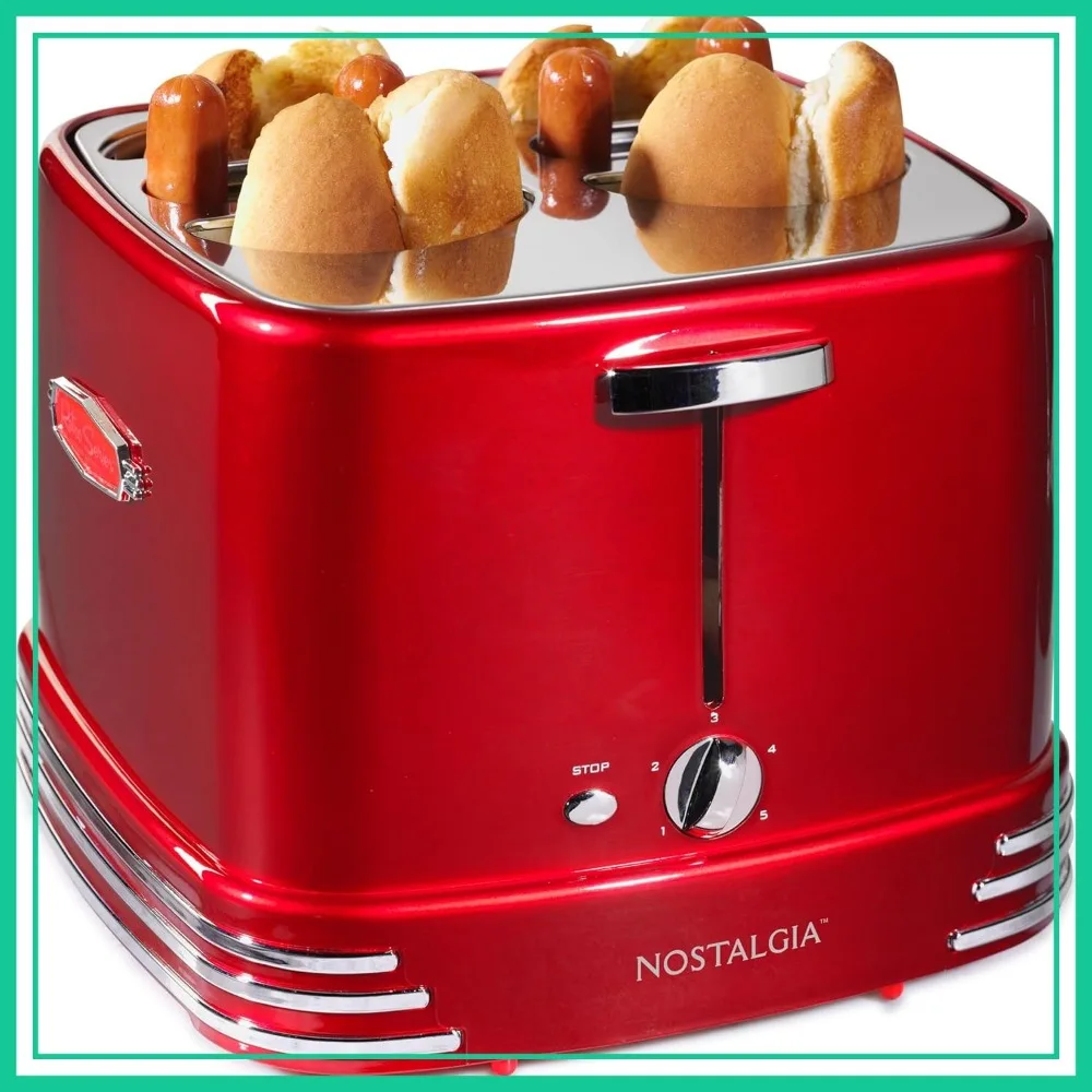 

4-Slot Hot Dog and Bun Toaster with Mini Tongs, Works with Sausages, Brats, Veggie Links, Metallic Red
