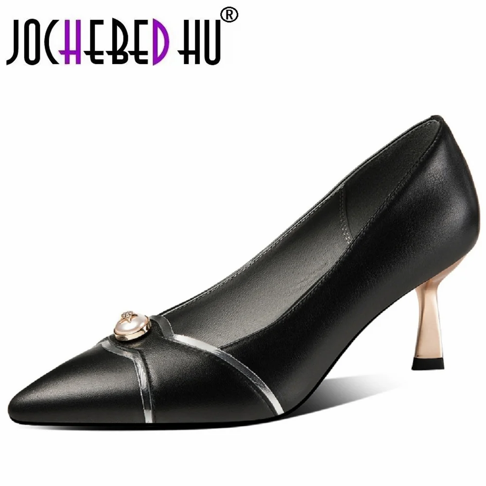 JOCHEBED HUHandmade Genuine Leather Pointed Toe Metal Decorations Women's Thin Heels Work Single Shoes 33-43