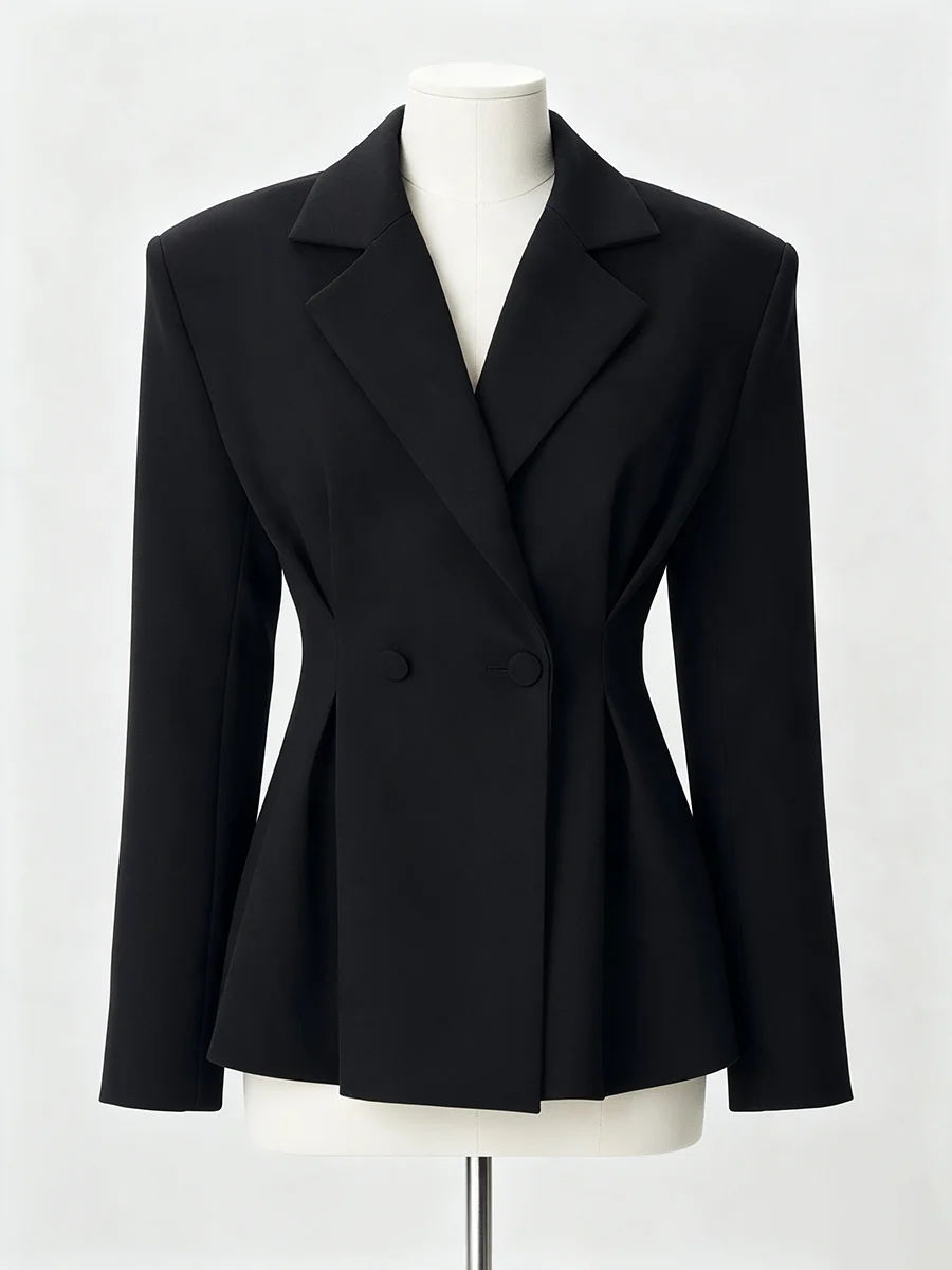 Chic Women Black Suit Jacket Oversized Shoulder Double Breasted Cinched Waist Pleated Flared Coat Fall
