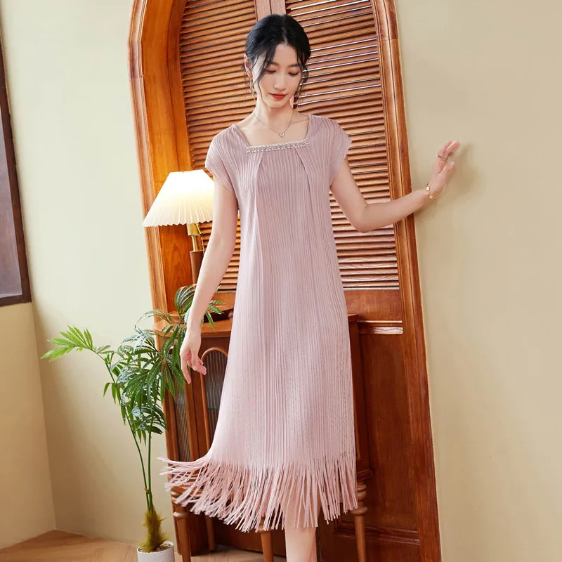 

Summer Dresses For Women 2024 New High Quality Solid Colour Stretch Miyake Pleated Loose Tassels Dress Mid-Calf Length