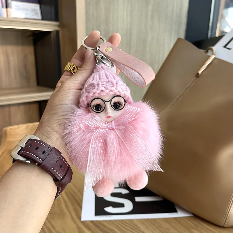 Cute Big Eyes Barbie Doll Pom Pom Keychain Real Fox Fur Pendant Women's Bag Car Keychain Girl Gift Pendant Plush Doll Keychain