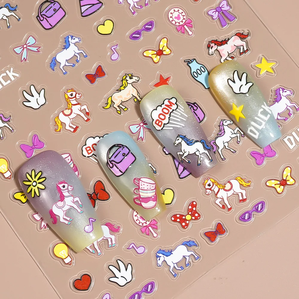 1/5/10 Stück niedliche Cartoon-Pony-Einhorn-Blume, Herz, Schleife, Nagelaufkleber, 5D-geprägte Aufkleber für Frauen, DIY-Maniküre, selbstklebendes Dekor