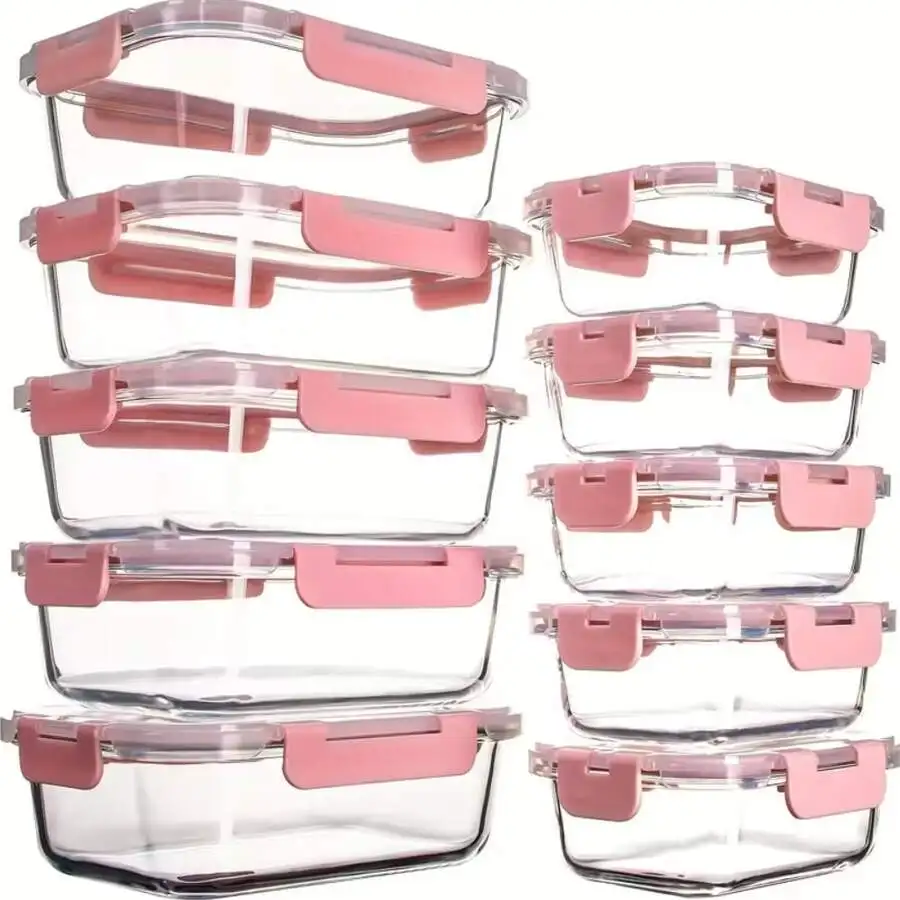 [10-Piece Set] Glass Food Storage Container Set With Sealed Lids, Glass Lunch Boxes For Home Kitchens And Office Lunches, Pink