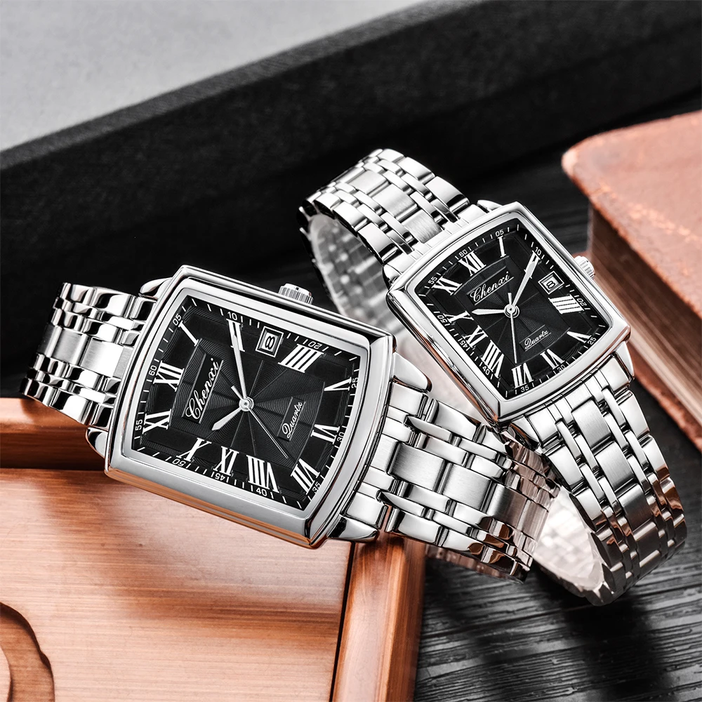 CHENXI Quartz Couple Watches Fashion Casual Rectangle Dial Alloy Man Woman Watch Luminous Calendar Couples Watch