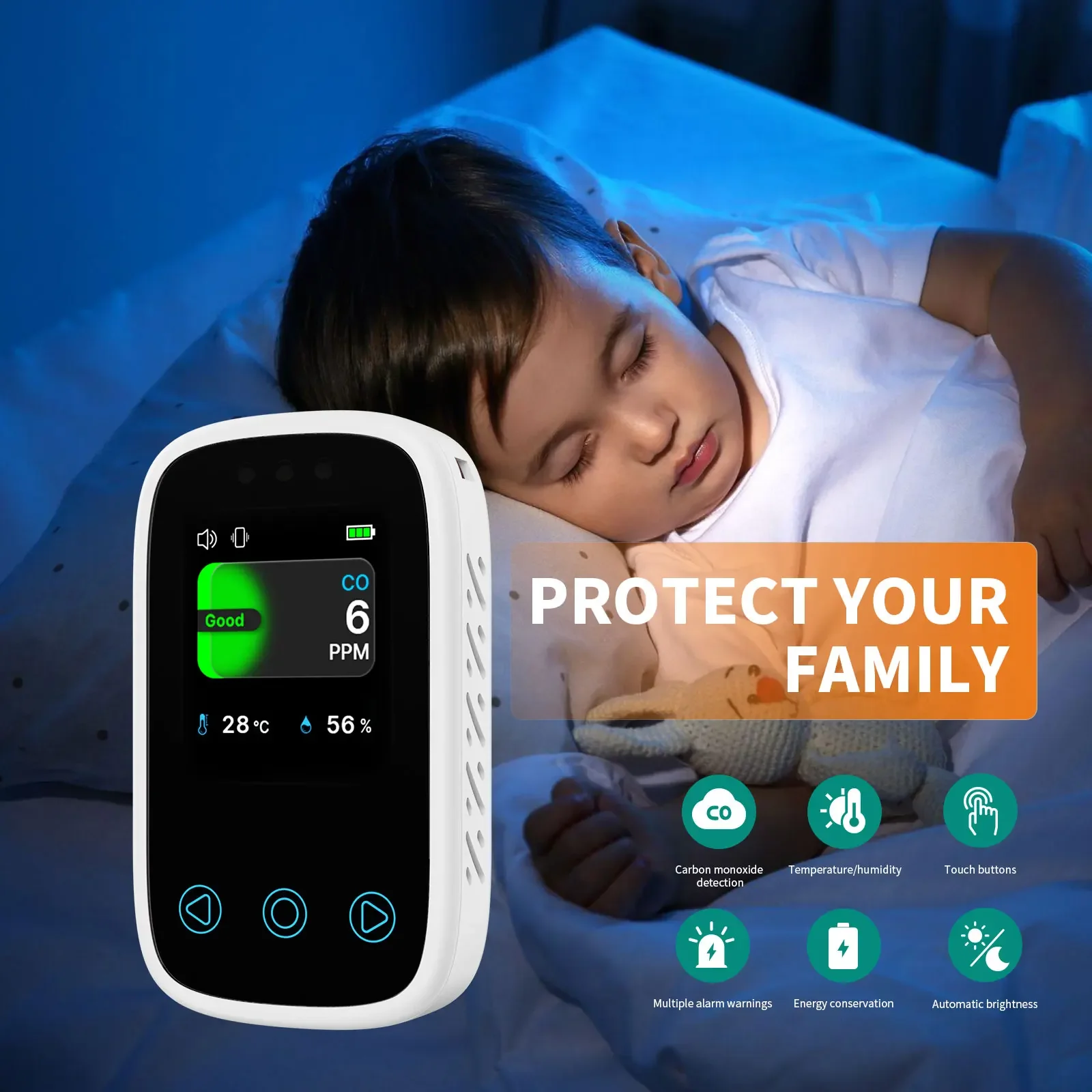 Portable Touch Screen Control CO Detector High-precision Electrochemical Sensors Auto Light Sensitivity Carbon Monoxide Monitor