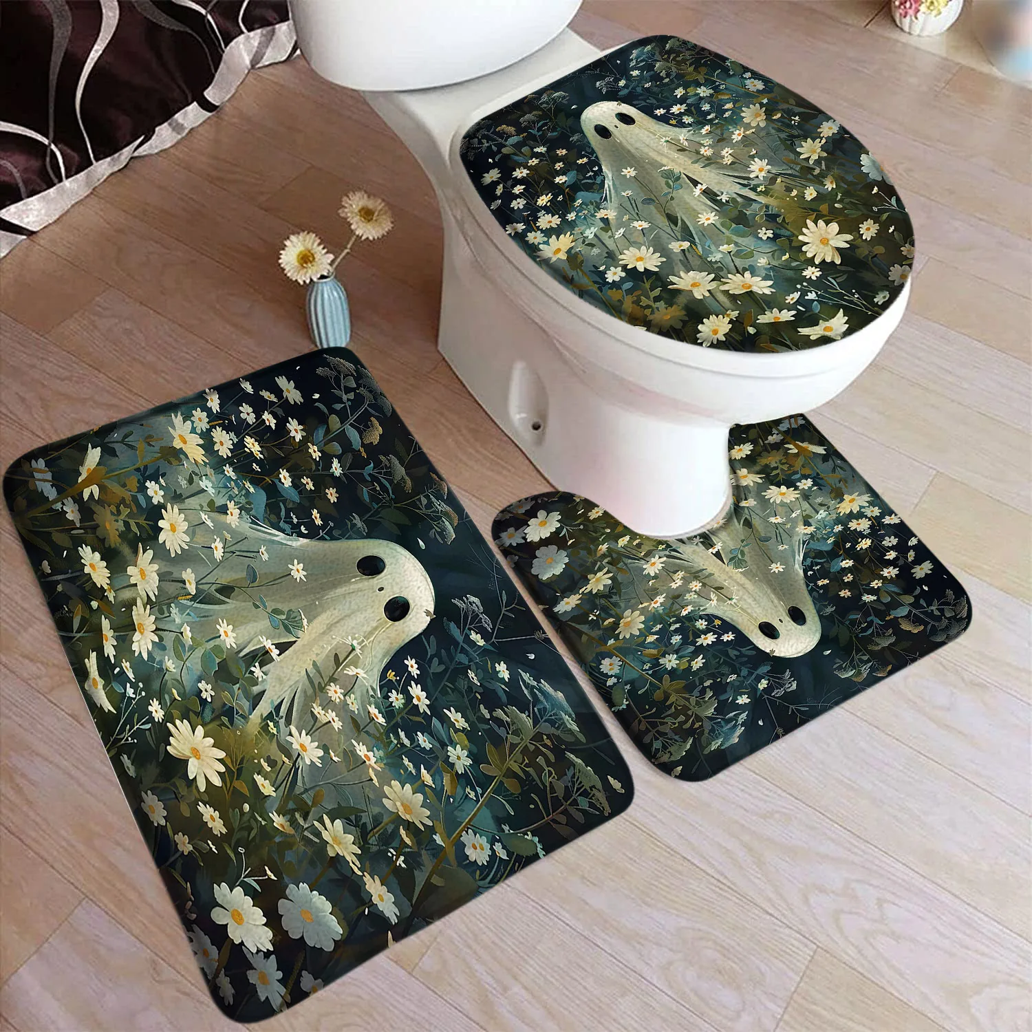 Funny Ghost Bath Mat Set Rustic Autumn Watercolour White Floral Plant Home Carpet Non-Slip Bathroom Decor Floor Rug Toilet Cover