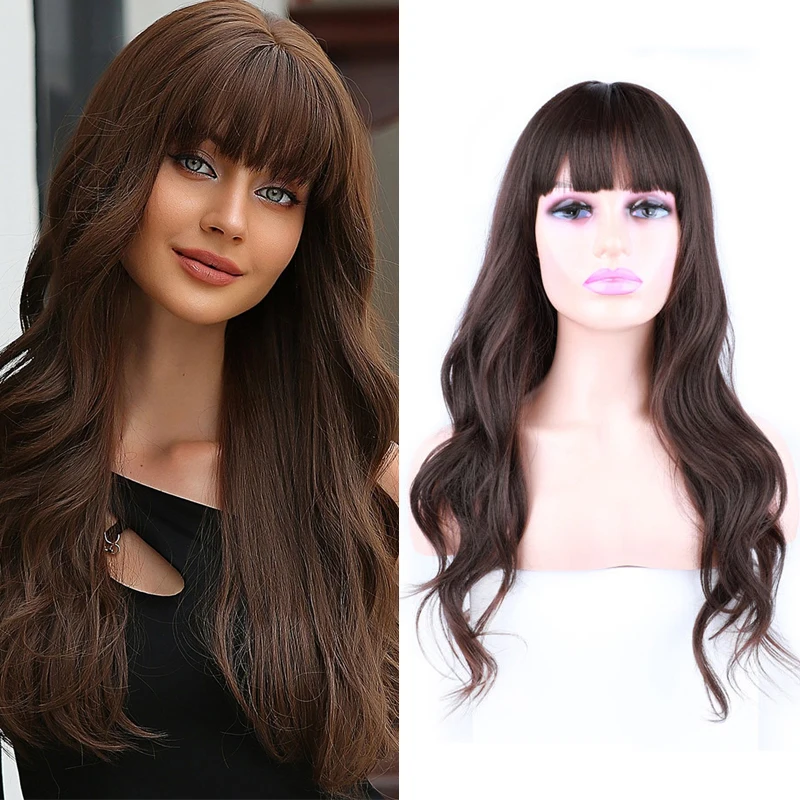 

Long Wavy Curly Hair Wigs With Bangs Synthetic Natural Wave Wig With Bangs Heat Resistant For Women Cosplay Daily Party