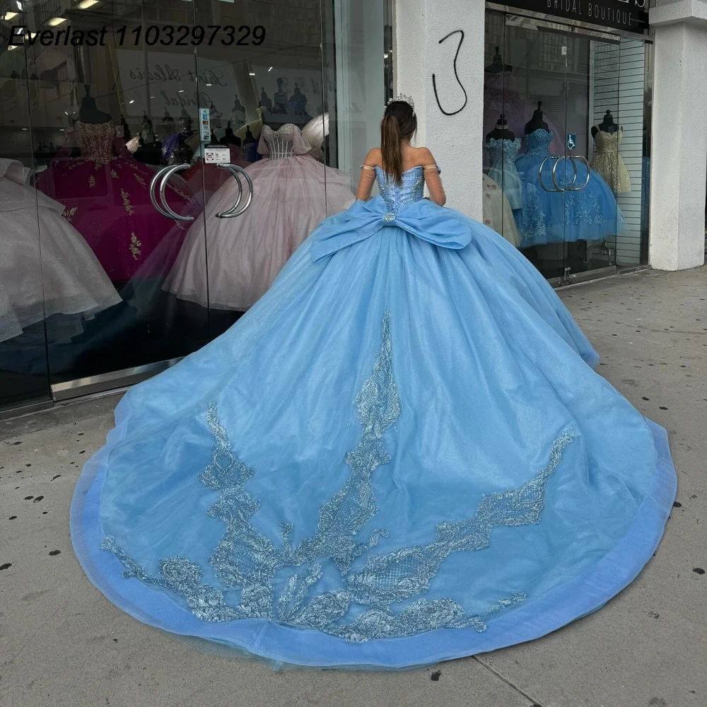 EVLAST Princess Blue Quinceanera Dress Ball Gown Glitter Lace Applique Beading Bow Corset Sweet 16 Vestido De 15 Anos QD1059