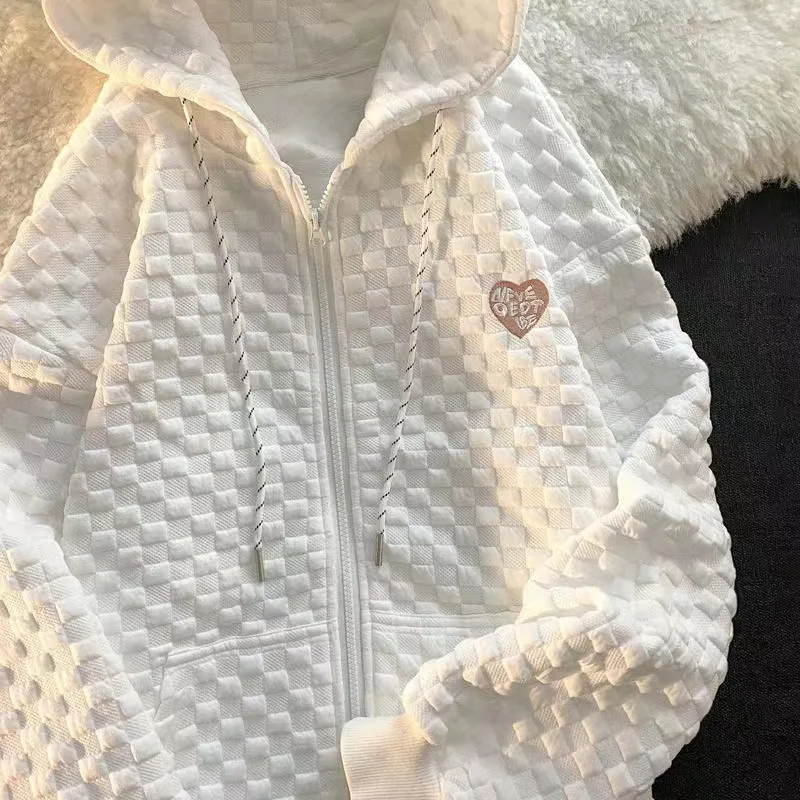 Hooded sweater women's loose waffle Korean version versatile design sense long-sleeved cardigan jacket