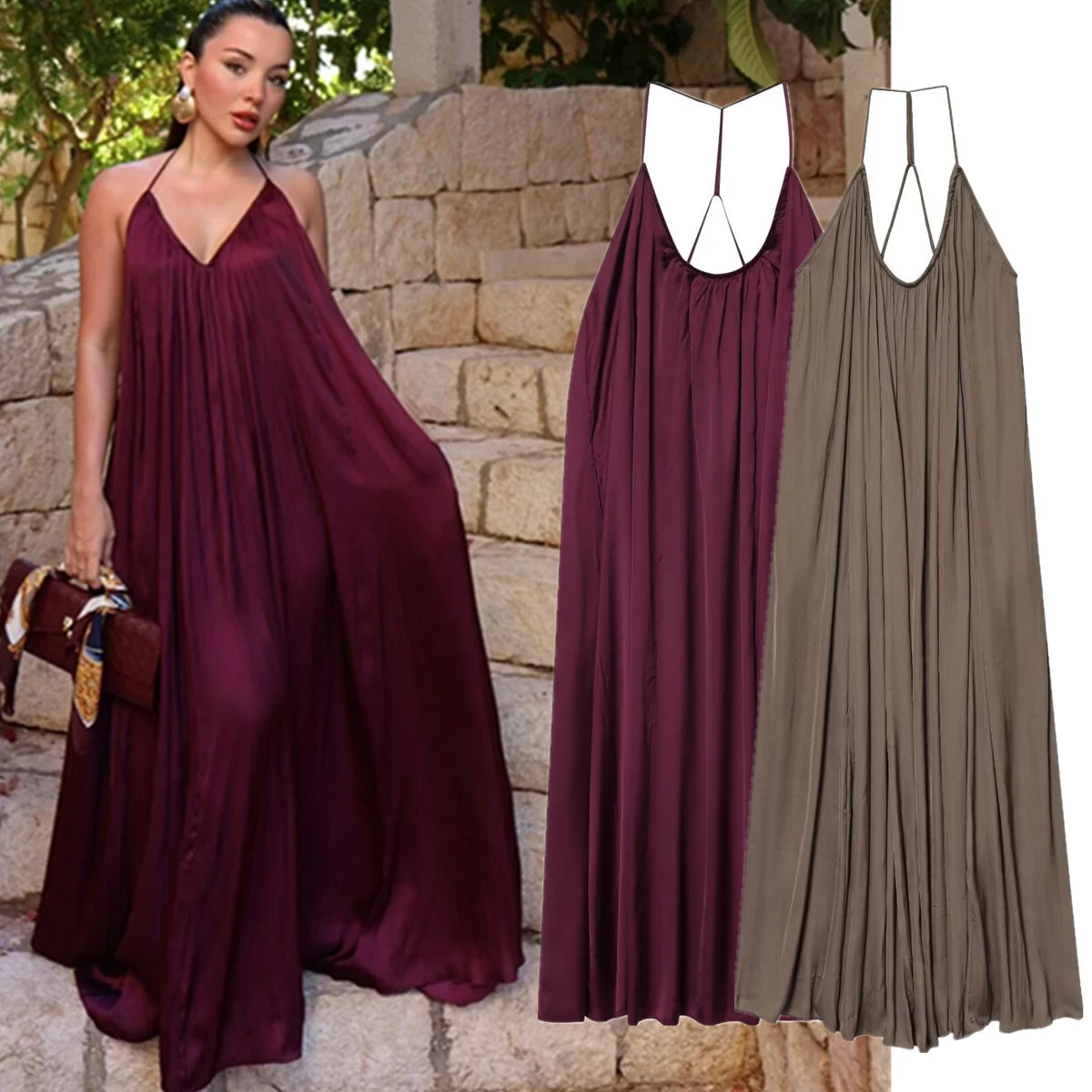 

Maxdutti French Fashion Ladies Lazy Satin Pleated Suspender Dress Women Ins Blogger Retro Evening Dresses Party Dresses Vestidos