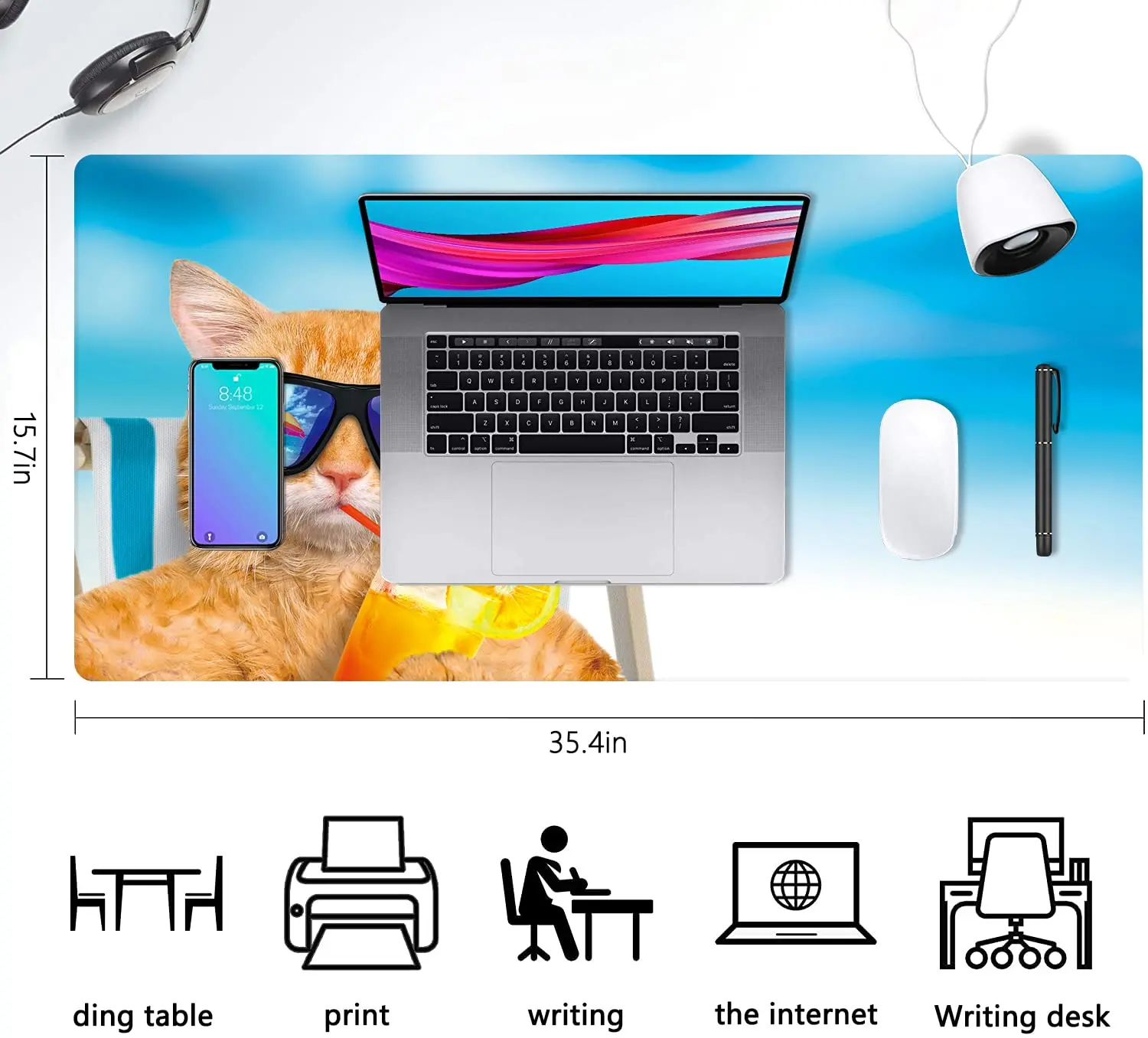 Large Gaming Mousepad Cute Cat on Beach Chair Keyboard Mouse Mat Desk Pad with Non Slip Rubber Base Stitched Edges Office Decor